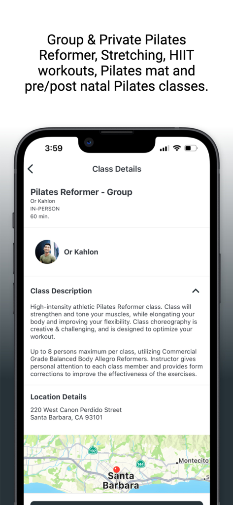 Pilates & Or - Pilates and Or app interface showing group Reformer class details and Santa Barbara studio location.