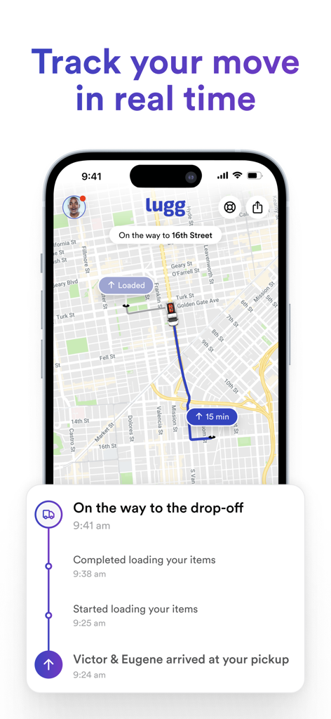 Lugg app showing real time move tracking on a map with status updates