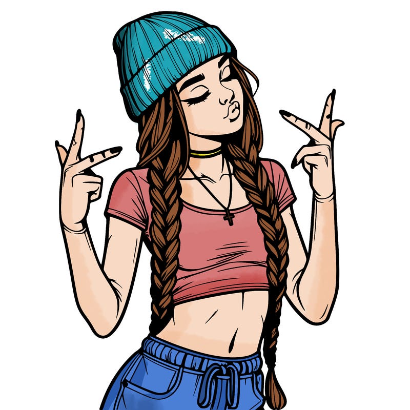 realistic teenage girl with braids and a beanie and crop top doing 🫶🏼