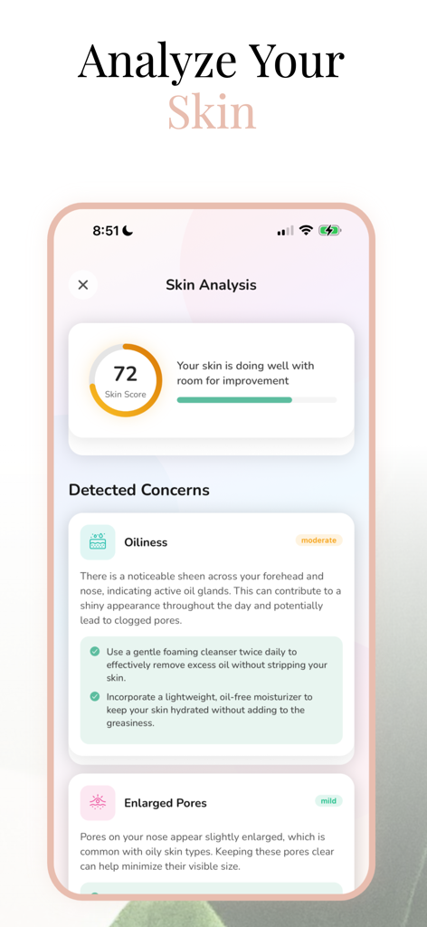 GlowLift: Face Yoga & Skincare - A mobile app interface displaying a personalized skin analysis report with a score and detected concerns like oiliness.