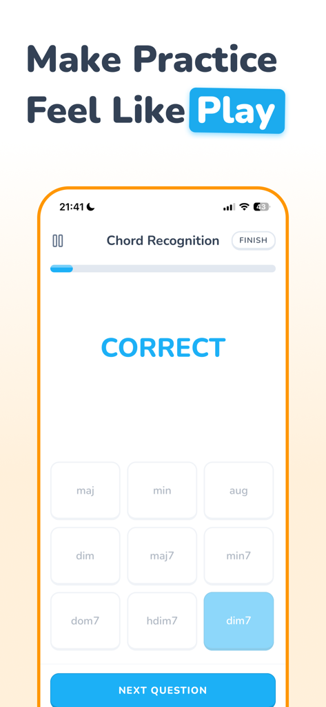 Pitch Trainer - Ear Training - Interface do aplicativo Pitch Trainer para treinamento de ouvido de reconhecimento de acordes mostrando uma resposta correta