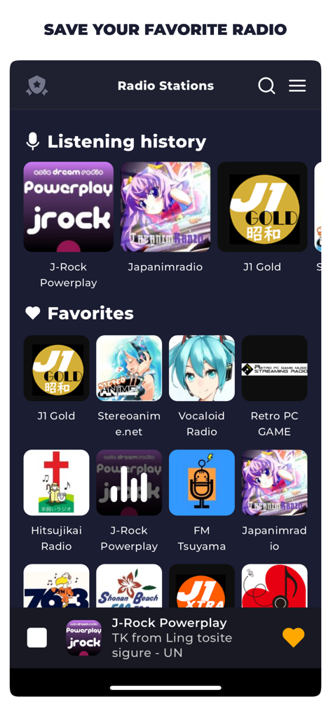 Interface of the Radio Japan app showing listening history and favorite stations like J-Rock and Anime radio