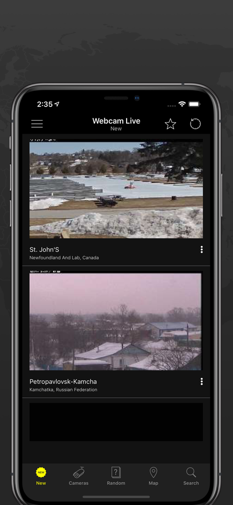 Web Cam Online IP - Interface of the Web Cam Online IP app showing live video feeds from international webcams on an iPhone