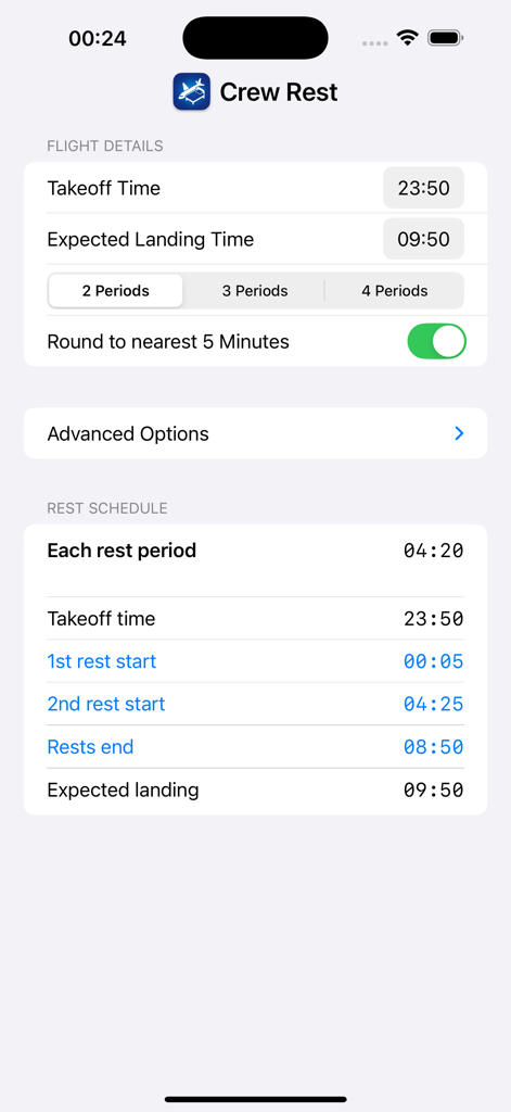 Crew Rest - Interface of the Crew Rest app displaying a calculated rest schedule for two flight crew periods with takeoff and landing times