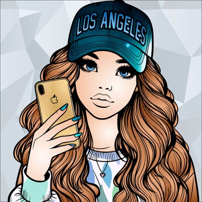 realistic beautiful girl wearing los ángeles cap holding an iphone