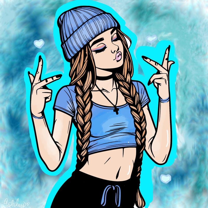 realistic teenage girl with braids and a beanie and crop top doing 🫶🏼