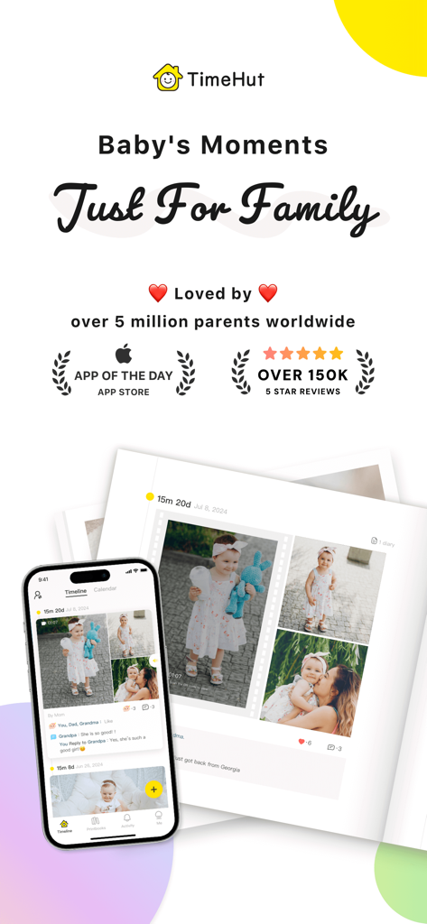 TimeHut - Baby Album - Aperçu de l'application TimeHut pour albums de bébé : partage de photos de famille privées et témoignage social avec plus de 5 millions de parents
