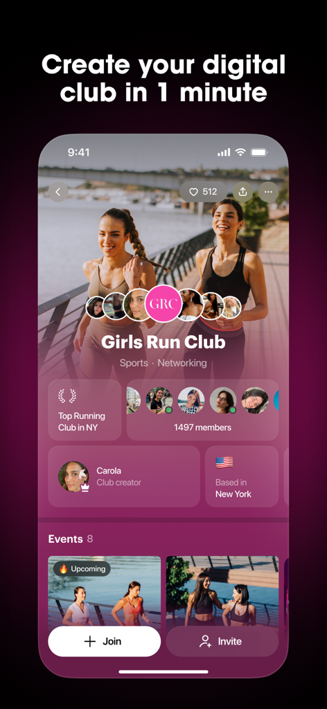Locals app screenshot showing the digital club profile for Girls Run Club including member stats and upcoming events