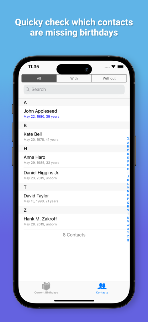 Birthday Reminders - Birthday Reminders app screen showing a list of contacts with birth dates and ages