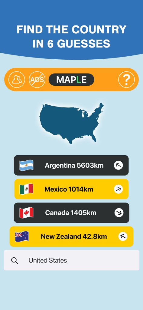 Maple: Worldle Country Guess - Maple Worldle gameplay screen showing a silhouette of the USA and geography guess feedback with distance and directions