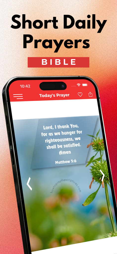 Short Daily Prayers - Bible - Smartphone screen showing a daily prayer image with Matthew 5:6 scripture in the Short Daily Prayers Bible app