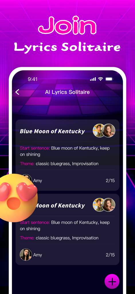 Rifya - Fun Club & Video Chat - Interface of the Rifya app showing the AI Lyrics Solitaire game with a classic bluegrass theme