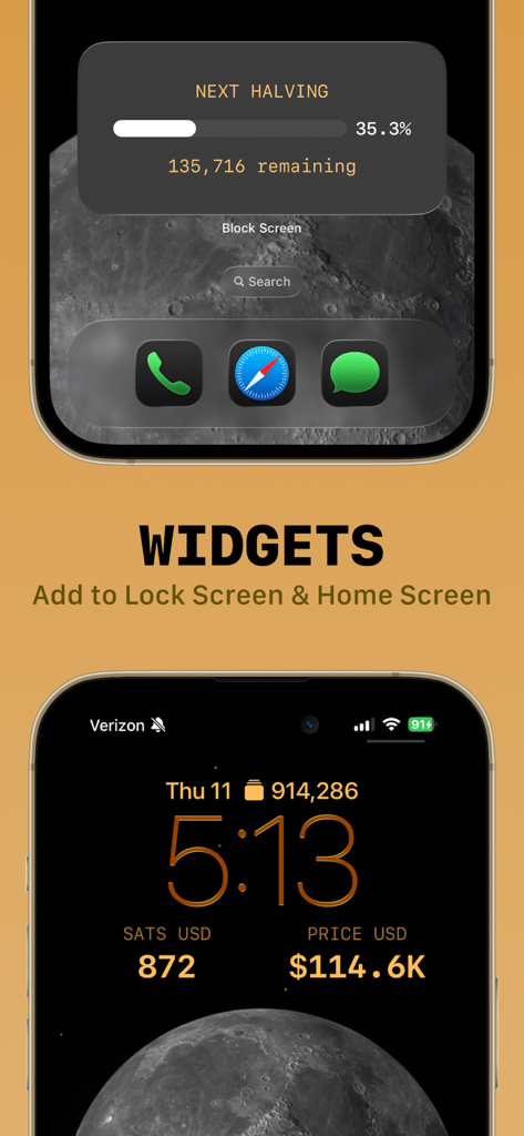 Block Screen: Bitcoin Widgets - Pantallas de inicio y de bloqueo de iPhone con widgets de precio de Bitcoin y cuenta regresiva de halving