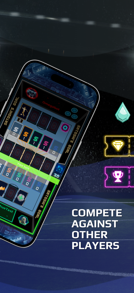 Satoshi's Goal - Satoshi's Goal mobile card game interface showing football strategy gameplay and PvP competition