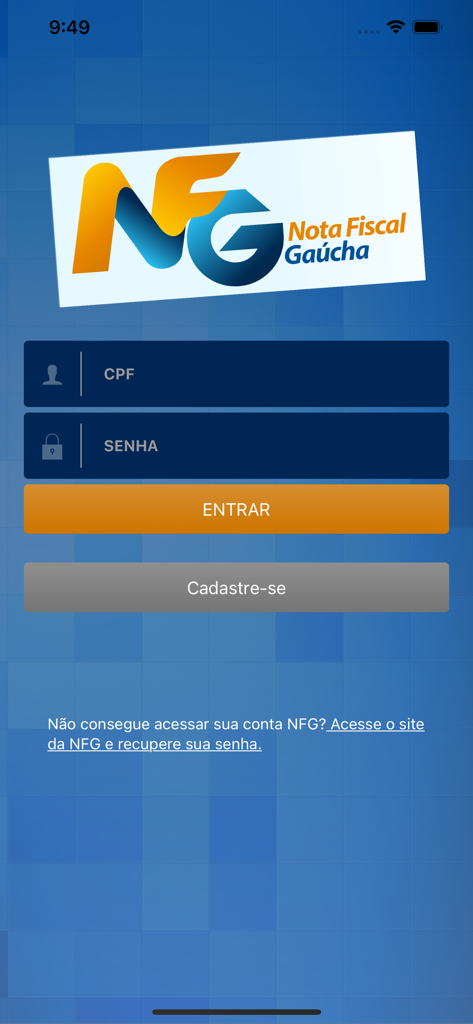 Nota Fiscal Gaúcha - Oficial - Login screen of the official Nota Fiscal Gaucha app featuring CPF and password input fields with an orange login button