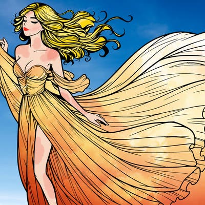 realistic woman in dress flowing the the wind