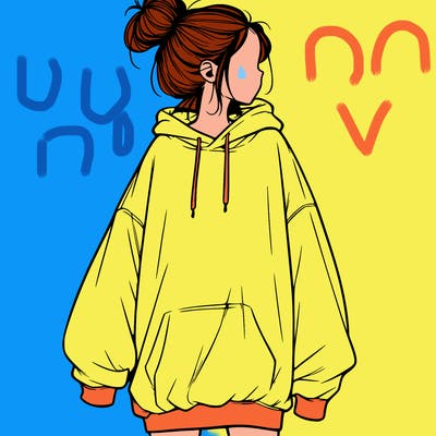 realistic girl with a oversized sweatshirt on and a bun