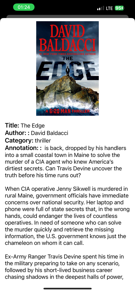 eBookReader: FB2 & EPUB Reader - Pantalla de detalles de ebook mostrando título, autor y resumen de la trama de una novela de suspense