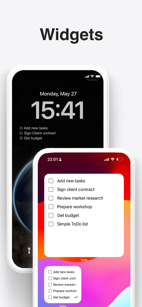 iPhoneのロック画面とホーム画面に表示されたToDoリストアプリのミニマリストなウィジェット