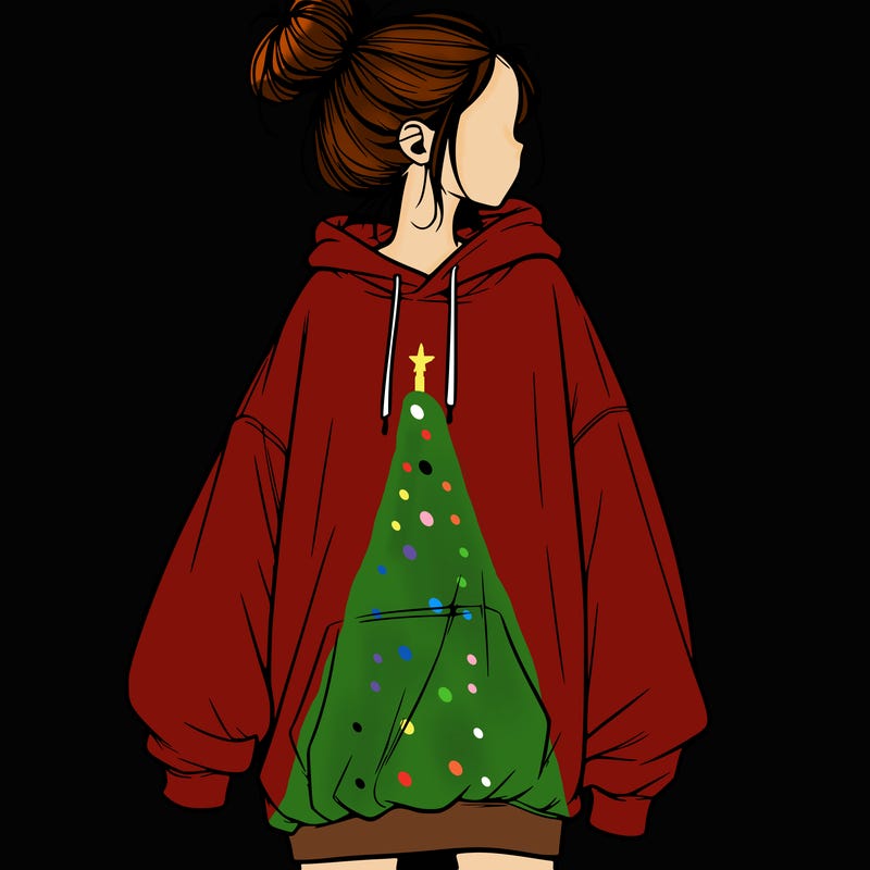 realistic girl with a oversized sweatshirt on and a bun
