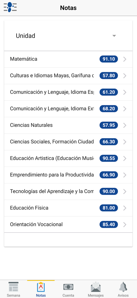Una captura de pantalla de la aplicación de gestión escolar Colplex que muestra una lista de materias académicas y calificaciones numéricas en español.