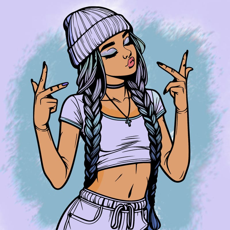 realistic teenage girl with braids and a beanie and crop top doing 🫶🏼