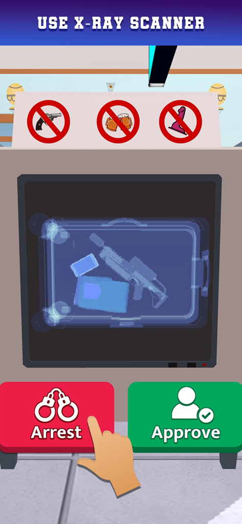 공항 보안 게임 스크린샷은 X-레이 스캐너가 가방에서 라이플을 탐지하고 체포 버튼을 보여줍니다.