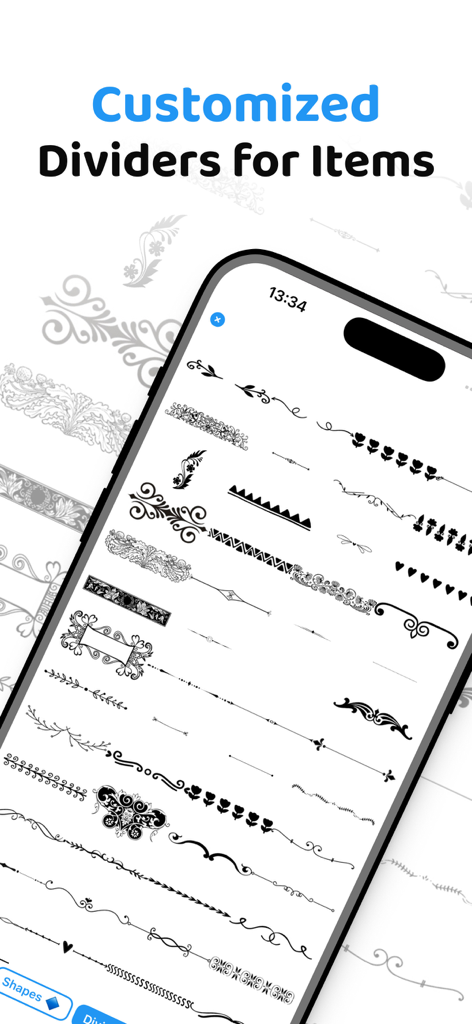 Menu Maker - Price List PDF - A mobile interface showing a collection of decorative dividers for customizing restaurant menu item sections