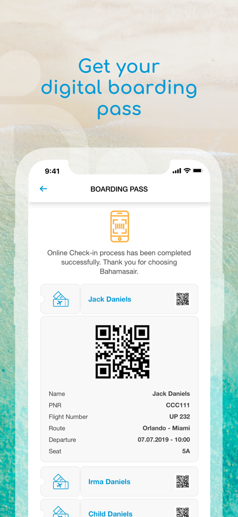 Digital boarding pass with a QR code displayed on the Bahamasair mobile app interface