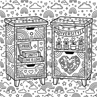 Dive into the spirit of Pride Month with this beautifully detailed coloring page featuring two nightstands adorned with symbols of love, unity, and diversity. Designed for teens, it offers a creative way to celebrate and express yourself.