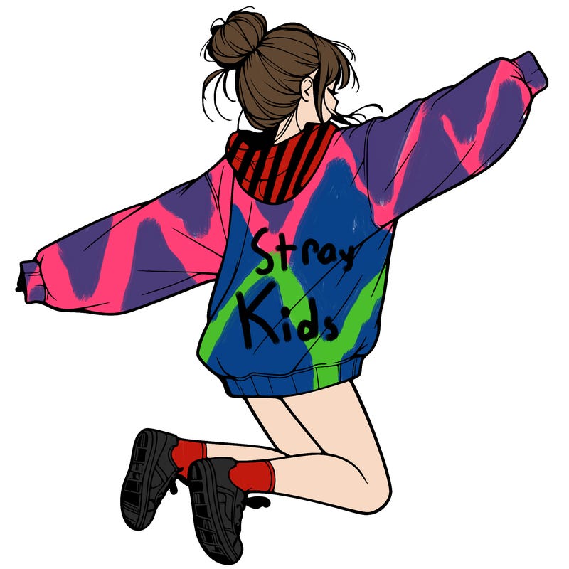 realistic girl jumping with a bun and oversized sweatshirt