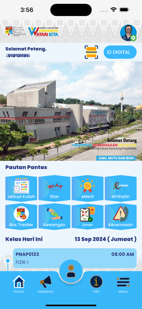 Panel de control de la app móvil UKM Siswa mostrando servicios estudiantiles como horarios de clase, finanzas y seguimiento del autobús del campus.