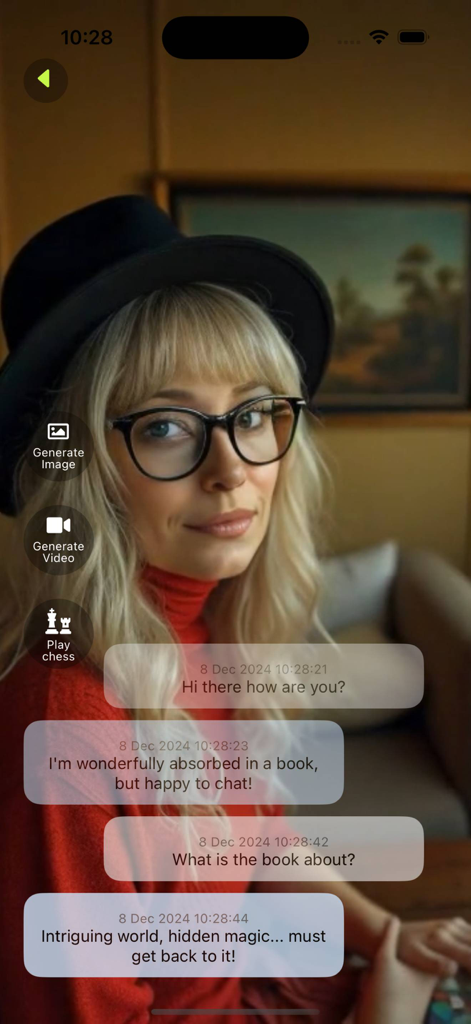 TenderTalk app interface showing an AI woman in a video call with chat bubbles