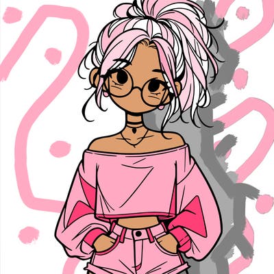 girl with a messy ponytail glasses a baggy crop top and jean shorts