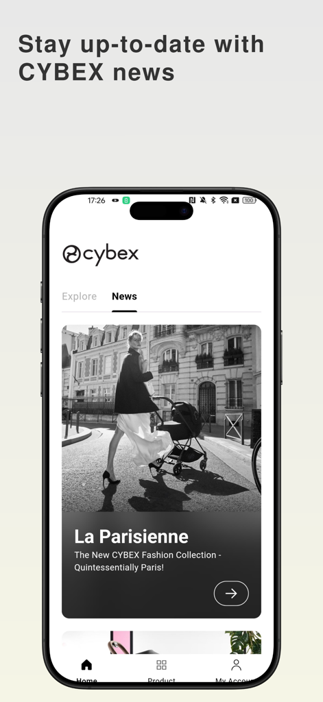 Cybex mobile app news feed showing the La Parisienne luxury fashion collection article
