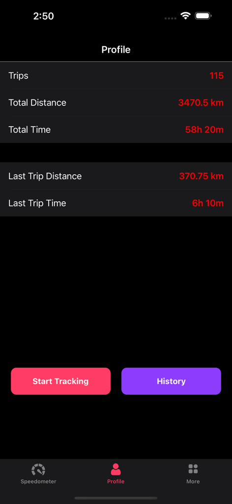Speedometer - GPS Speedometer - Profile screen of the GPS Speedometer app showing trip statistics and total distance.