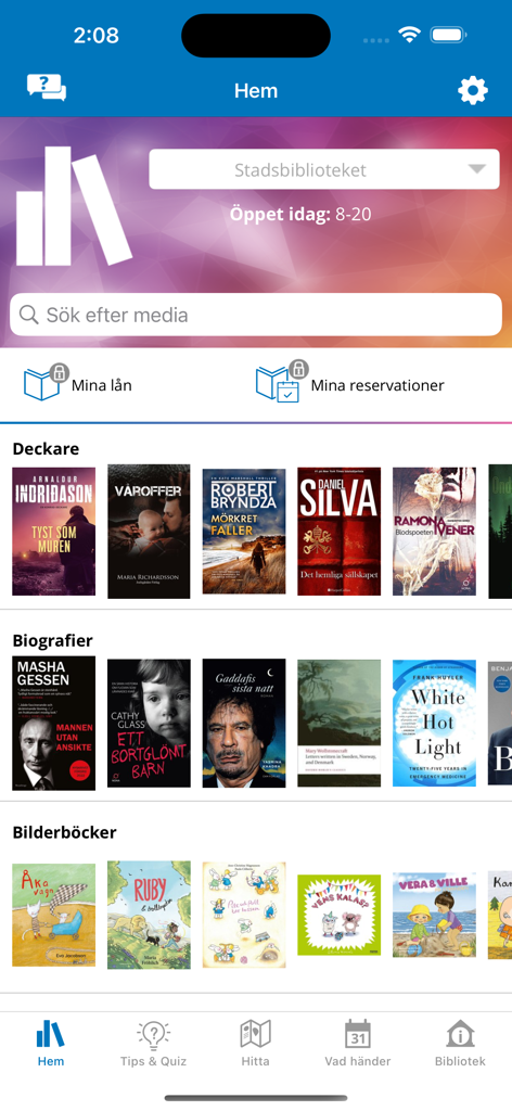 Biblioteket - Home screen of the Gothenburg library app showing book categories and search features