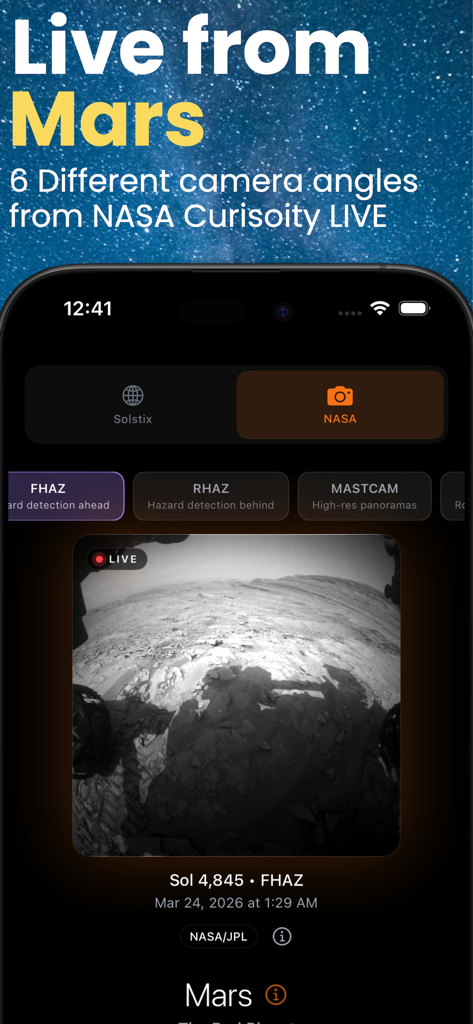 Solstix - A mobile app interface displaying a live black and white image from the NASA Curiosity rover on the surface of Mars