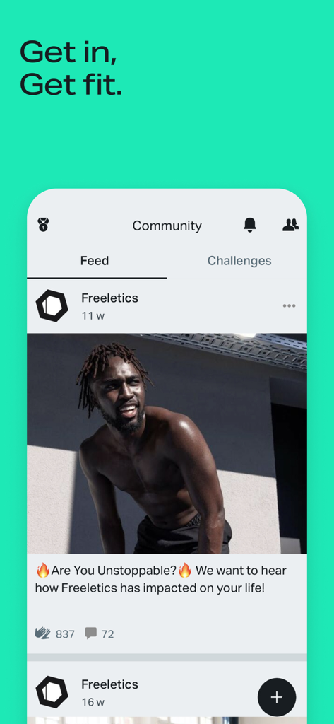 Freeletics app community feed showing a fitness post with engagement metrics like claps and comments