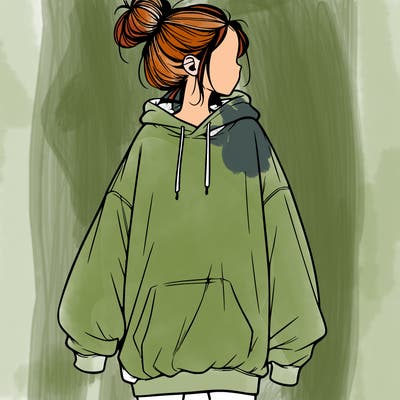 realistic girl with a oversized sweatshirt on and a bun