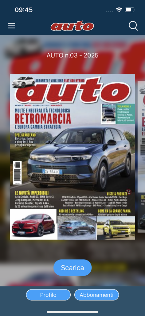 Auto HD app interface showing a digital car magazine cover featuring a black Opel Grandland SUV