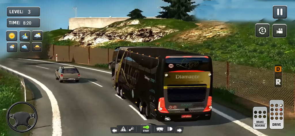 Coach Bus Simulator Game 2022 - Juego de un autobús de pasajeros negro conduciendo por una carretera abierta con controles en pantalla en Coach Bus Simulator Game 2022
