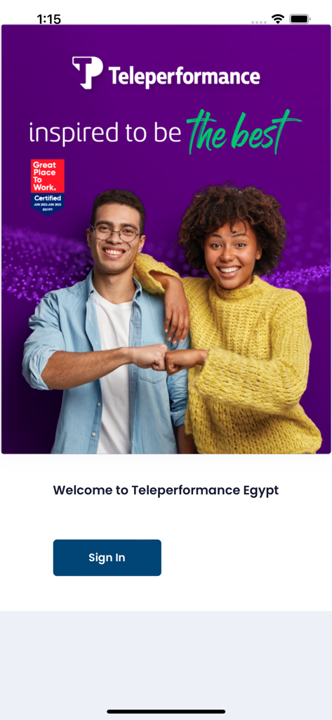 TP Society - Welcome screen of the TP Society app by Teleperformance showing two smiling employees and a sign in button