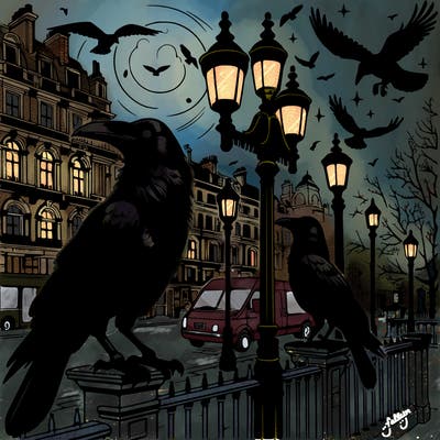 realistic victorian crows in london at night on lamp posts
