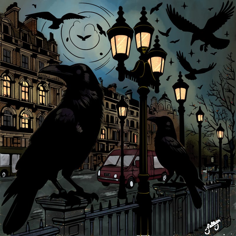 realistic victorian crows in london at night on lamp posts