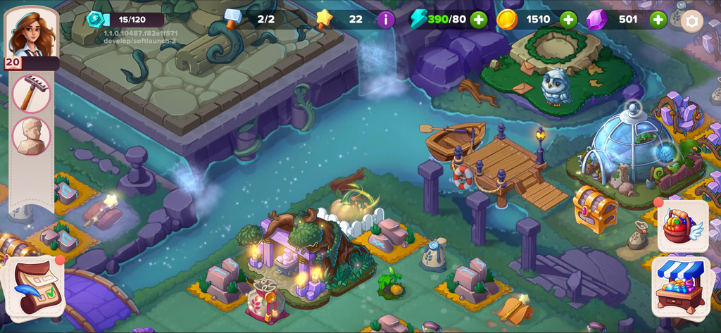 Uma visão colorida do jogo de Fable Town apresentando uma paisagem de ilha mágica com um rio, um cais e edifícios místicos para fundir