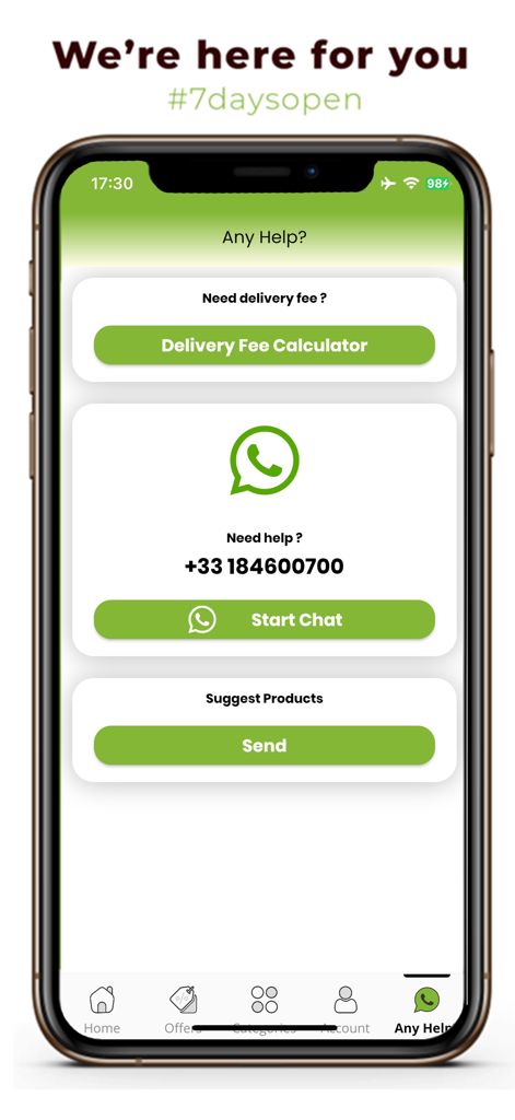 Annachi - Customer support screen for the Annachi grocery app featuring a delivery fee calculator and WhatsApp chat button.