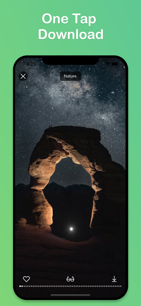 ワンタップダウンロード機能ヘッダー付きの星空の自然壁紙をプレビューするiPhone画面。