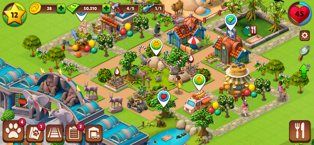 Zoo Life: Animal Park Game - Colorido juego de gestión de zoológico mostrando hábitats de animales e instalaciones para visitantes