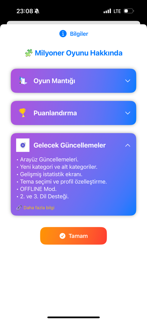 Milyoner App - A menu screen in the Milyoner App titled About the Millionaire Game showing sections for game logic, scoring, and future updates.